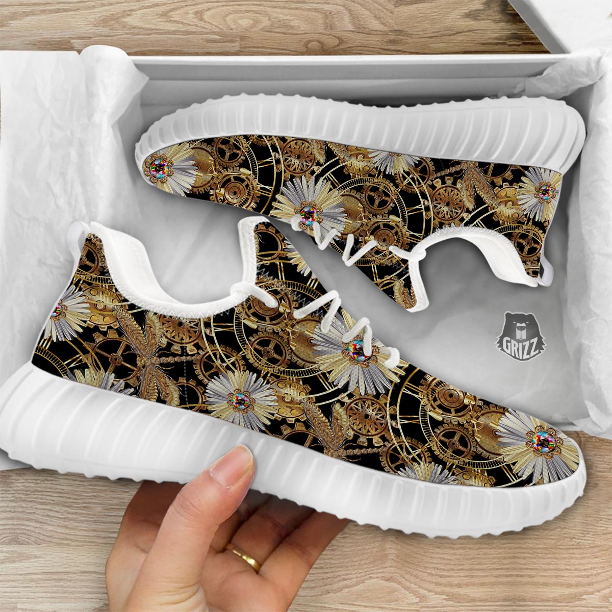 Chamomile Steampunk Print Pattern White Walking Shoes-grizzshop