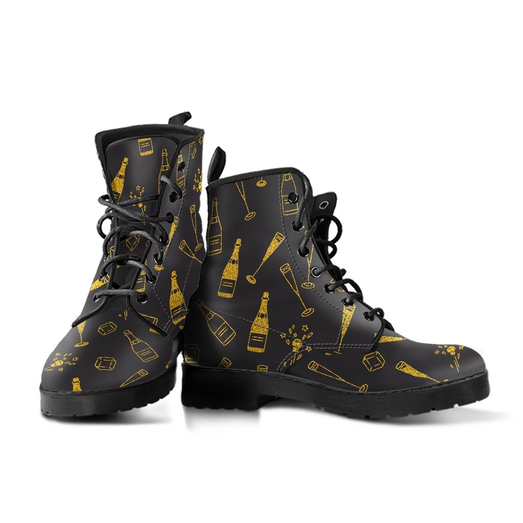 Champagne Gold Glitter Pattern Print Men Women Leather Boots-grizzshop