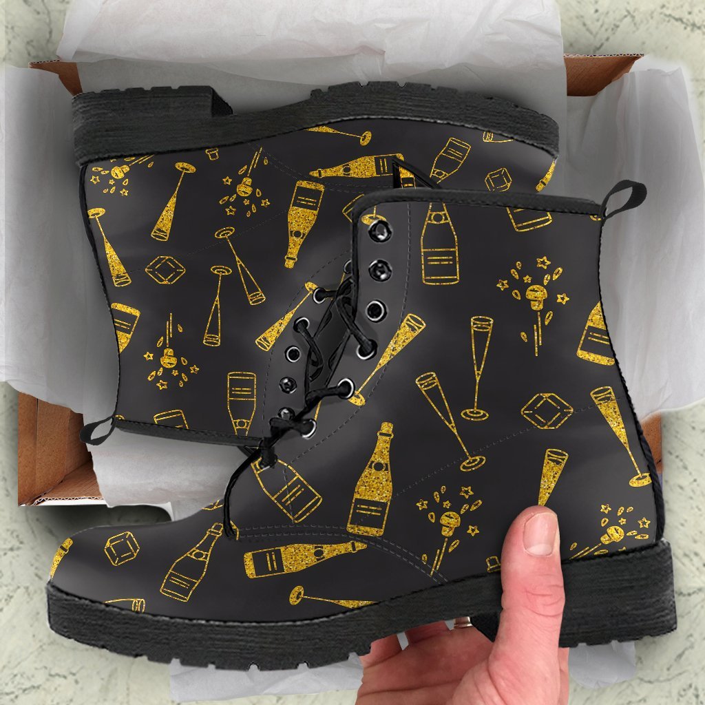 Champagne Gold Glitter Pattern Print Men Women Leather Boots-grizzshop