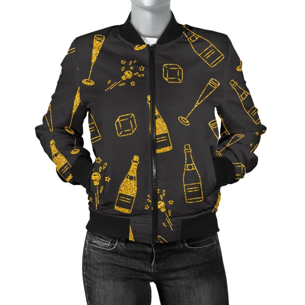 Champagne Gold Glitter Pattern Print Women Casual Bomber Jacket-grizzshop