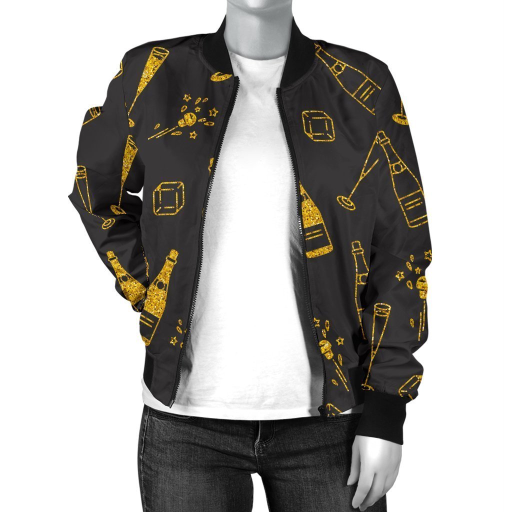 Champagne Gold Glitter Pattern Print Women Casual Bomber Jacket-grizzshop