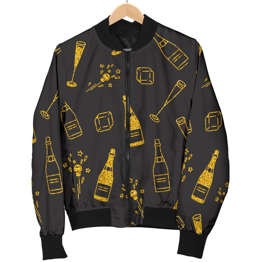 Champagne Gold Glitter Pattern Print Women Casual Bomber Jacket-grizzshop
