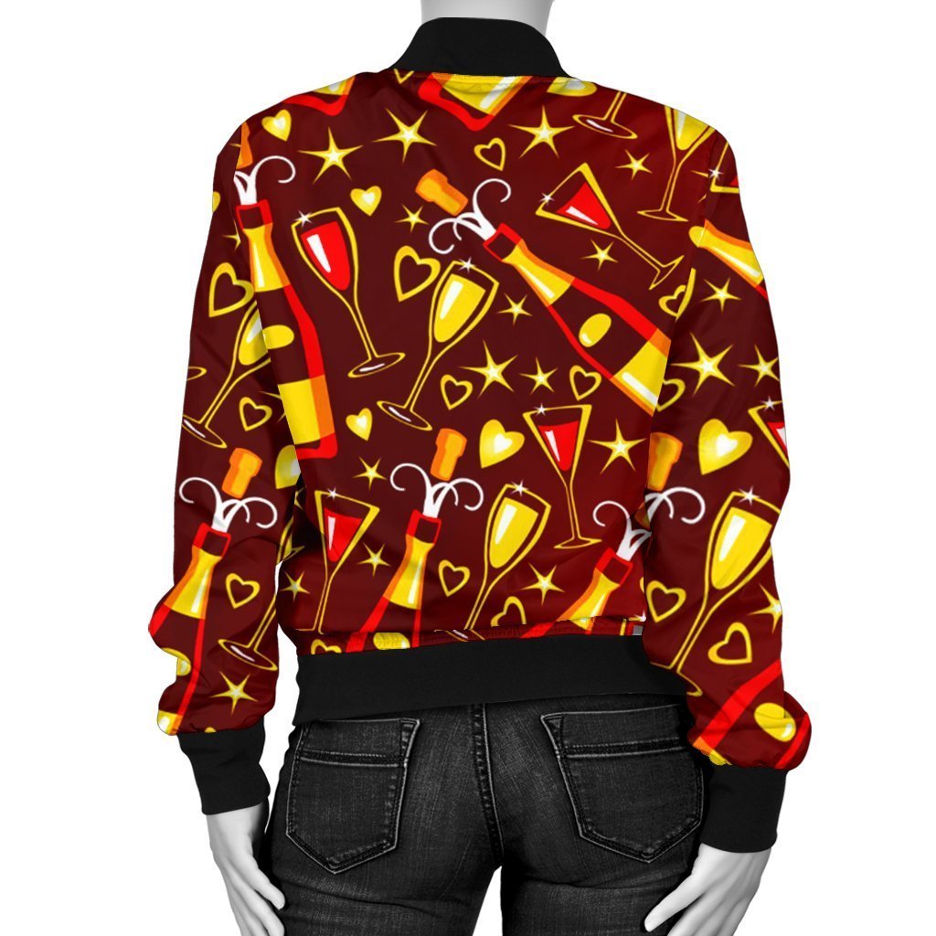 Champagne Pattern Print Women Casual Bomber Jacket-grizzshop