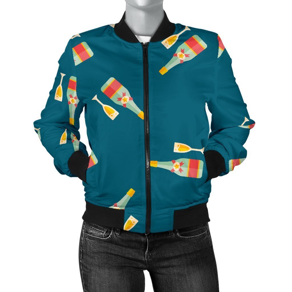 Champagne Print Pattern Women Casual Bomber Jacket-grizzshop