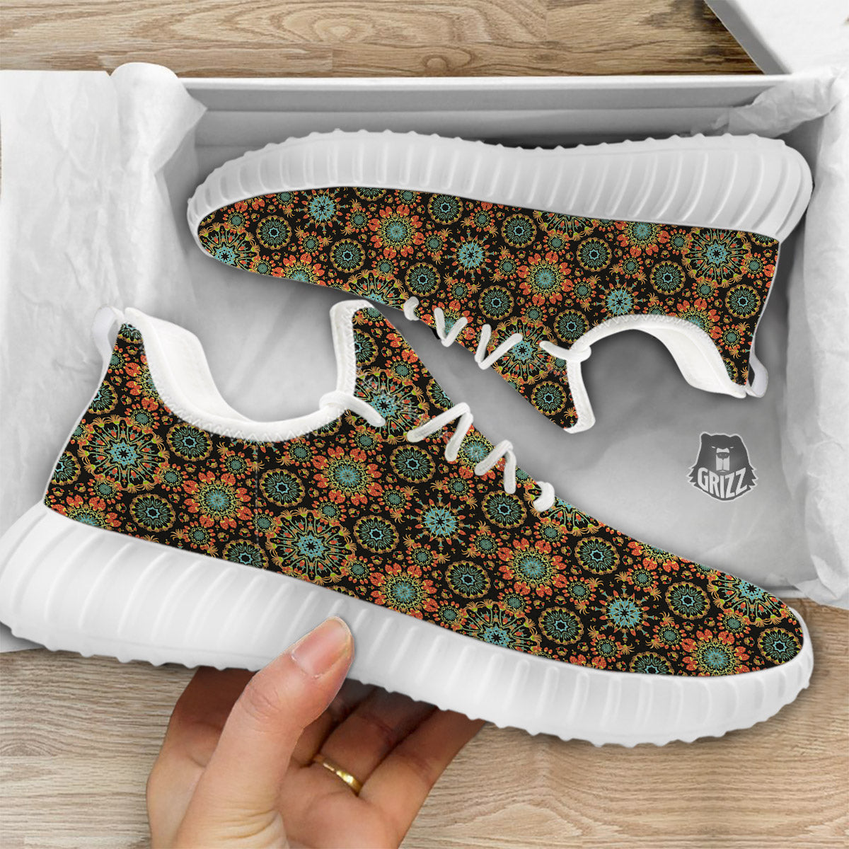 Chaotic Boho Print Pattern White Walking Shoes-grizzshop