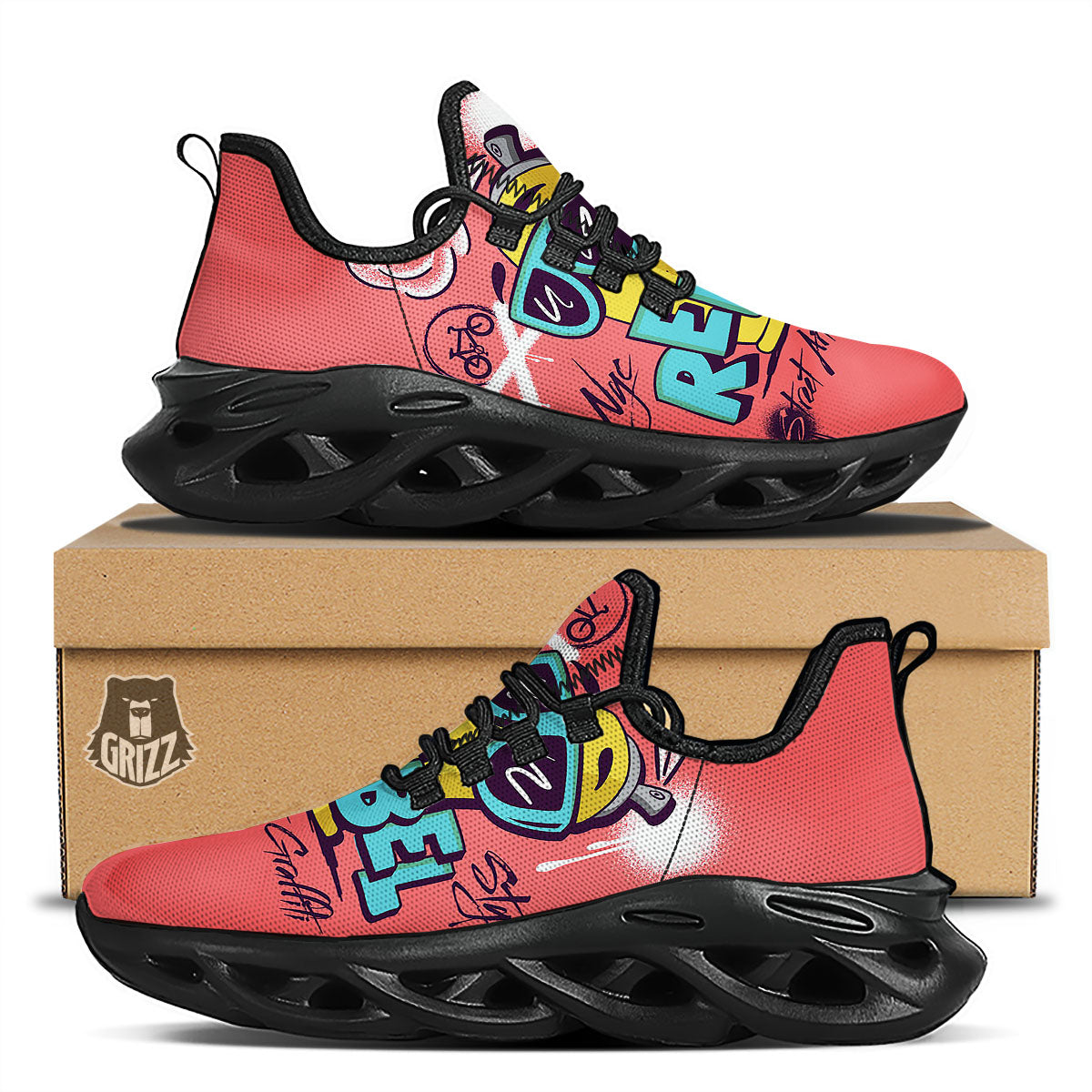 Characters Graffiti Cartoon Print Black Running Shoes-grizzshop