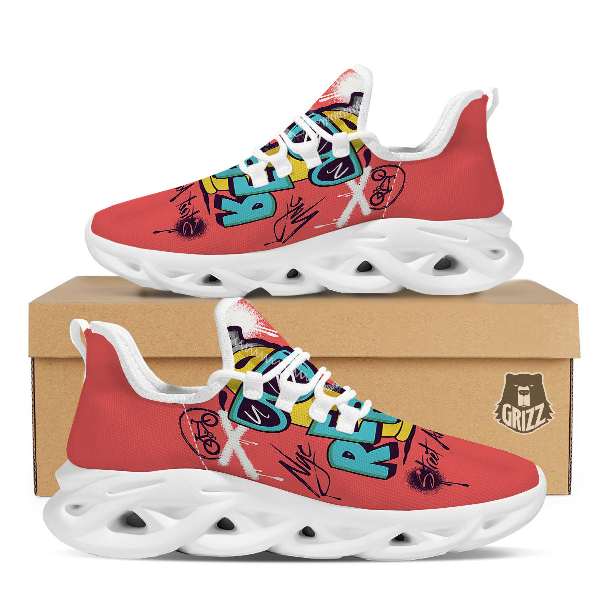 Characters Graffiti Cartoon Print White Running Shoes-grizzshop