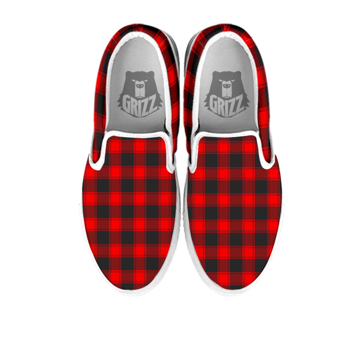 Check Black And Red Print Pattern White Slip On Shoes-grizzshop