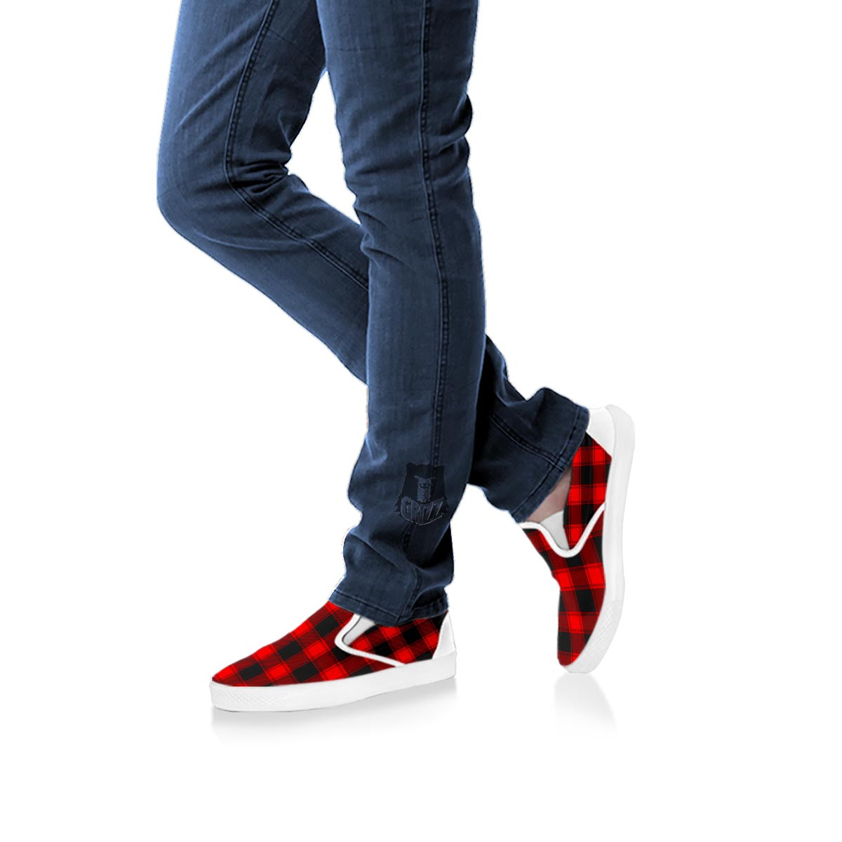 Check Black And Red Print Pattern White Slip On Shoes-grizzshop