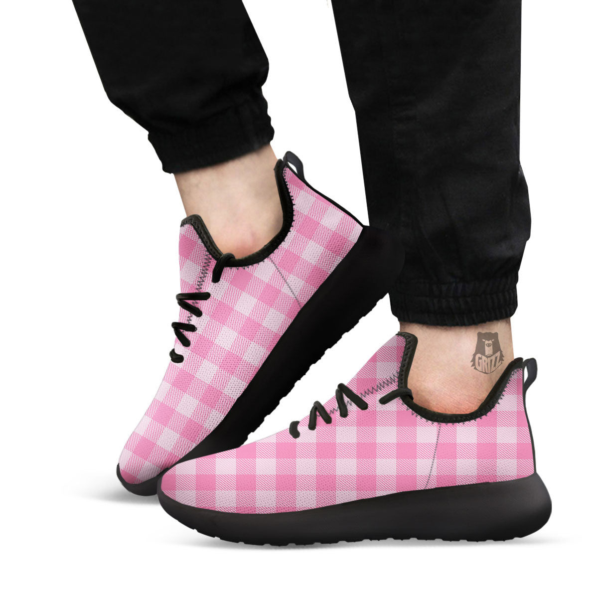Check Pink Print Pattern Black Athletic Shoes-grizzshop