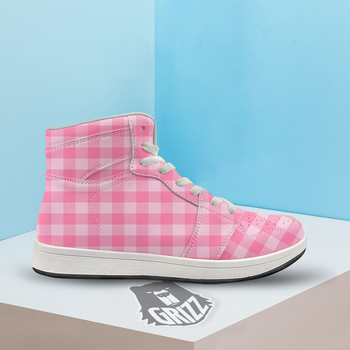 Check Pink Print Pattern High Top Sneakers-grizzshop
