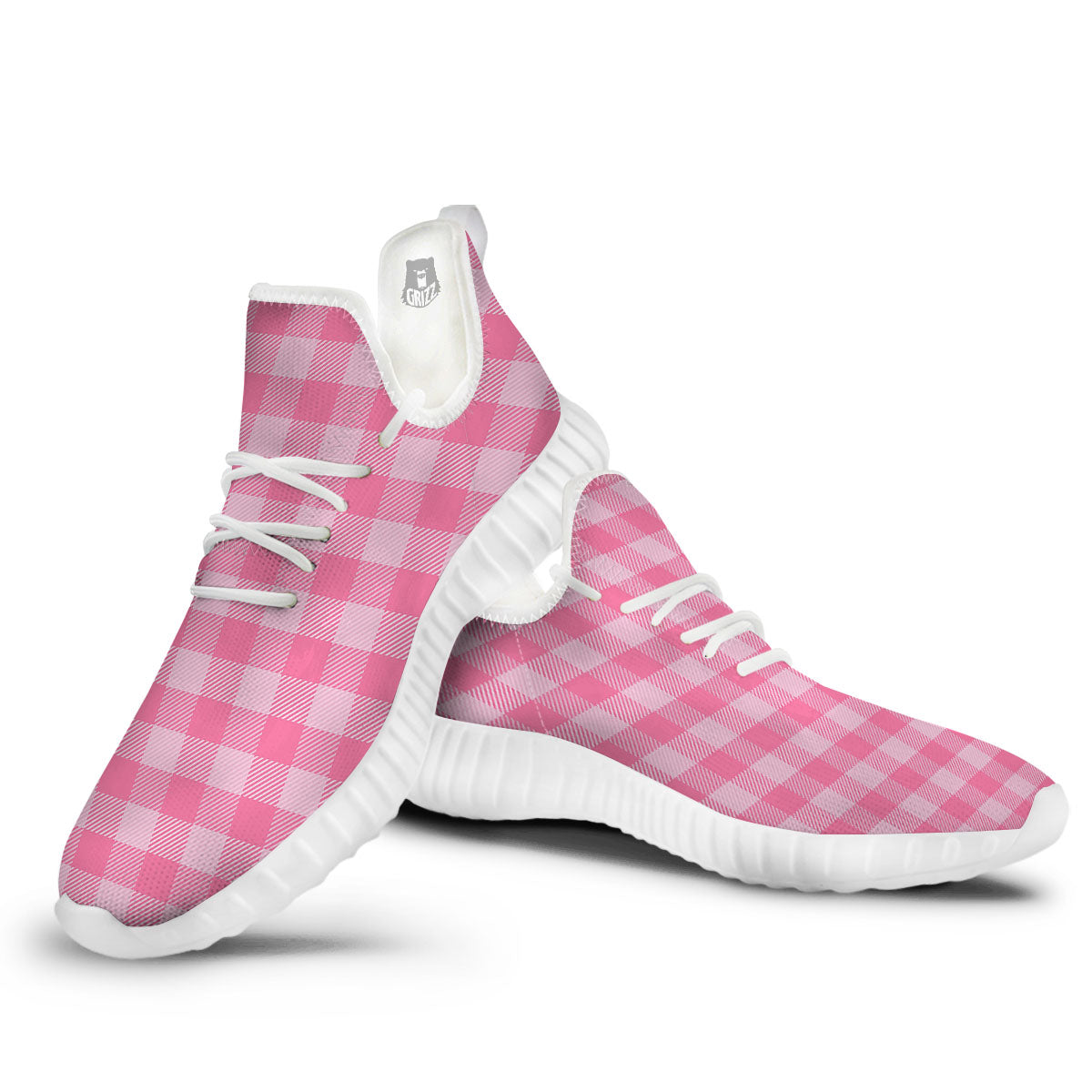 Check Pink Print Pattern White Walking Shoes-grizzshop