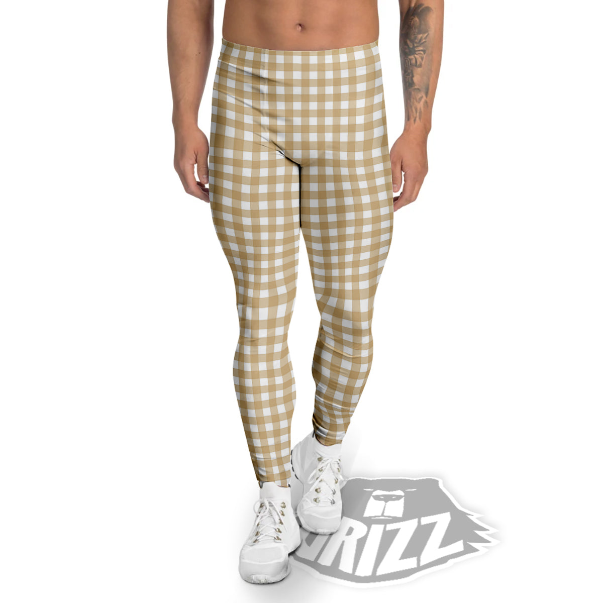 Check White And Beige Print Pattern Men's Leggings-grizzshop
