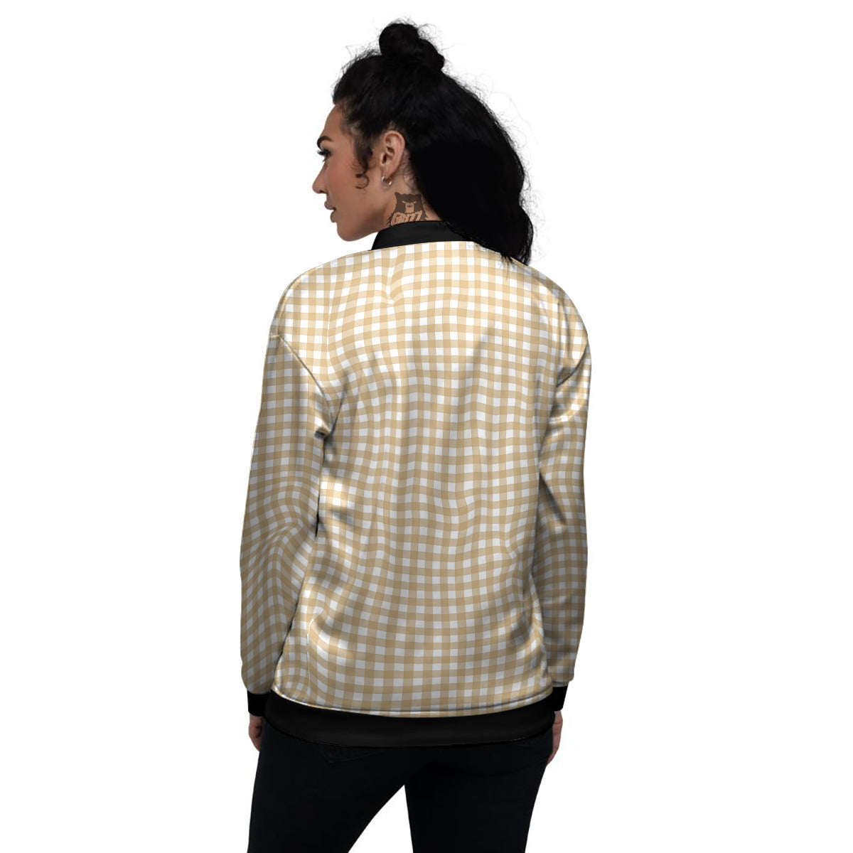 Check White And Beige Print Pattern Women's Bomber Jacket-grizzshop