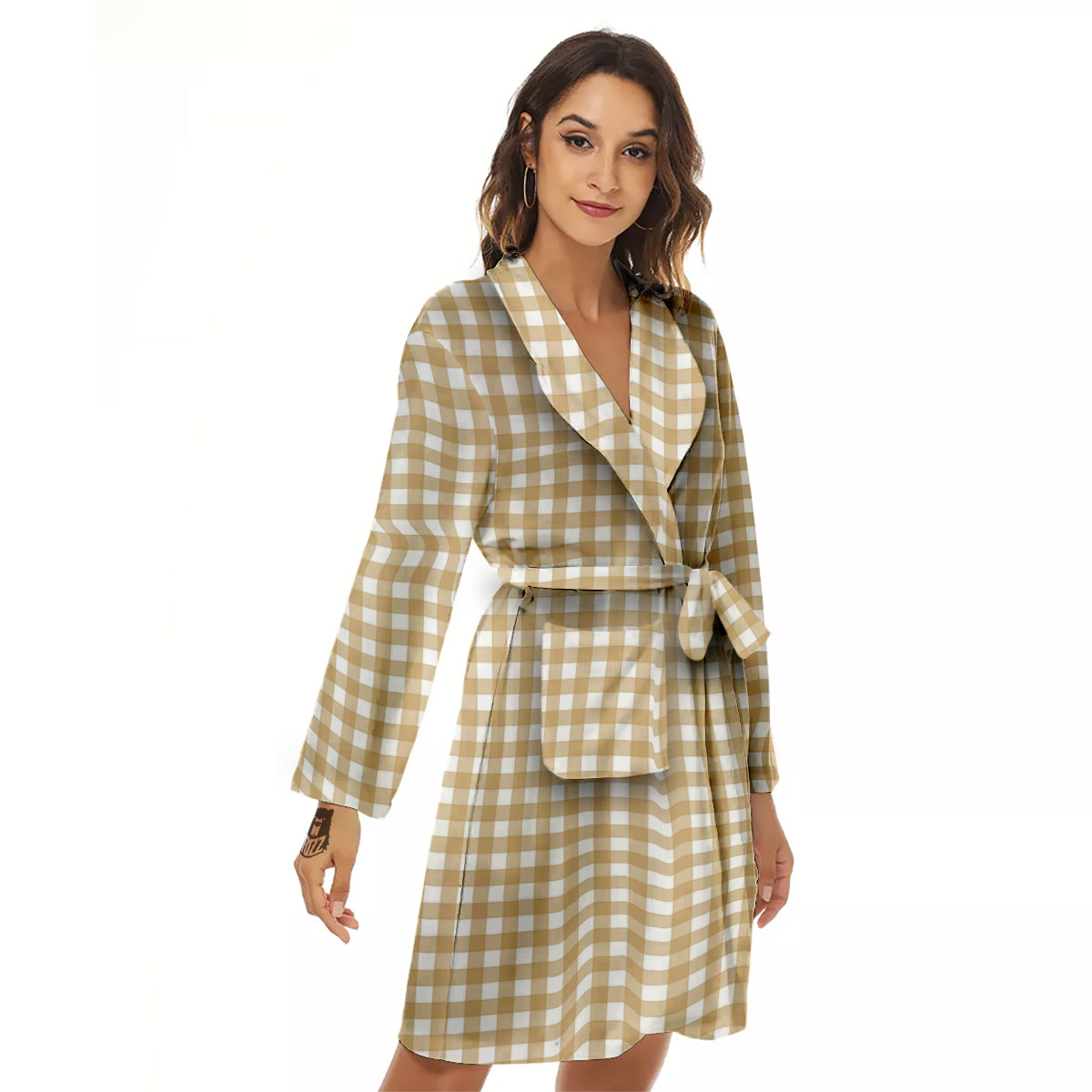 Check White And Beige Print Pattern Women's Robe-grizzshop