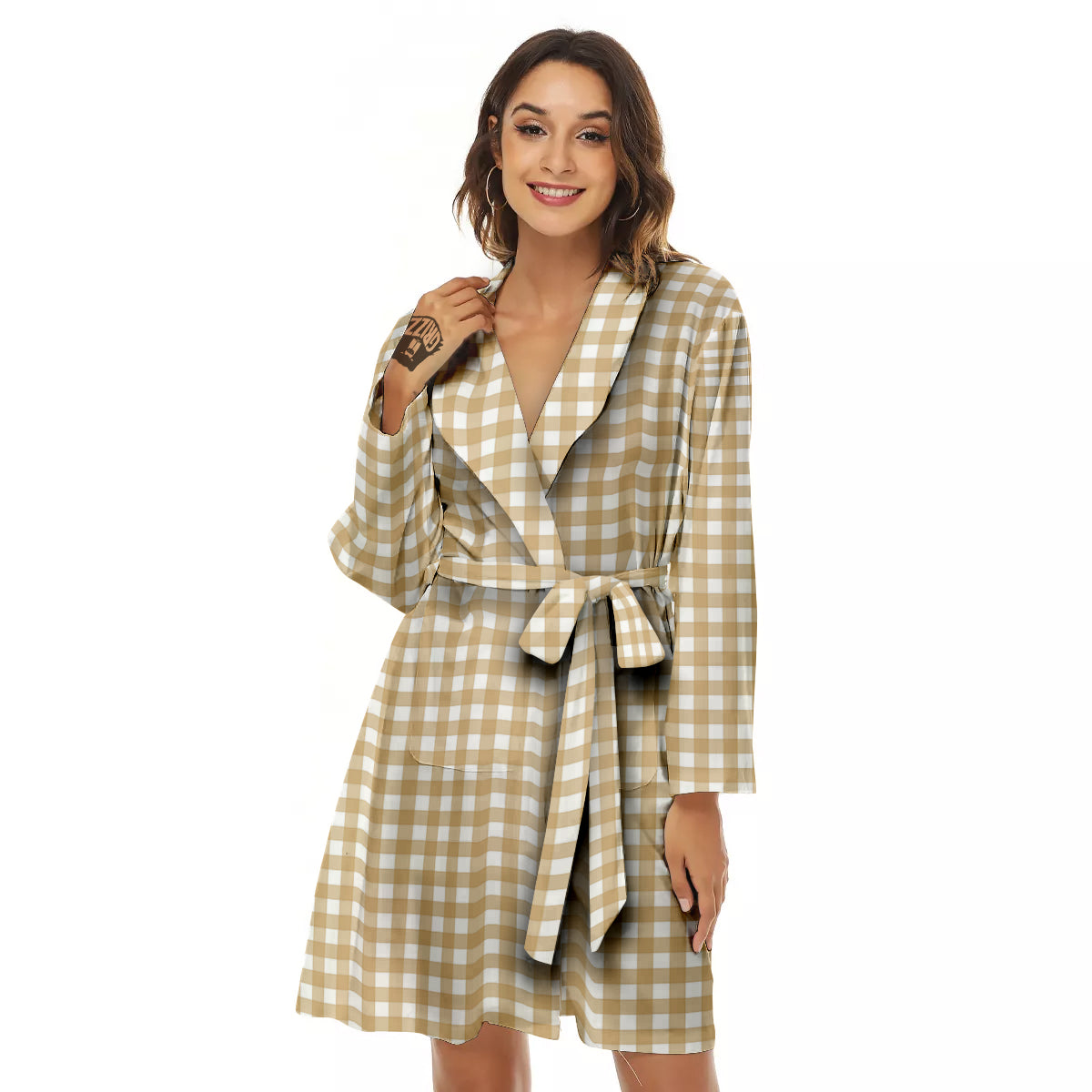 Check White And Beige Print Pattern Women's Robe-grizzshop