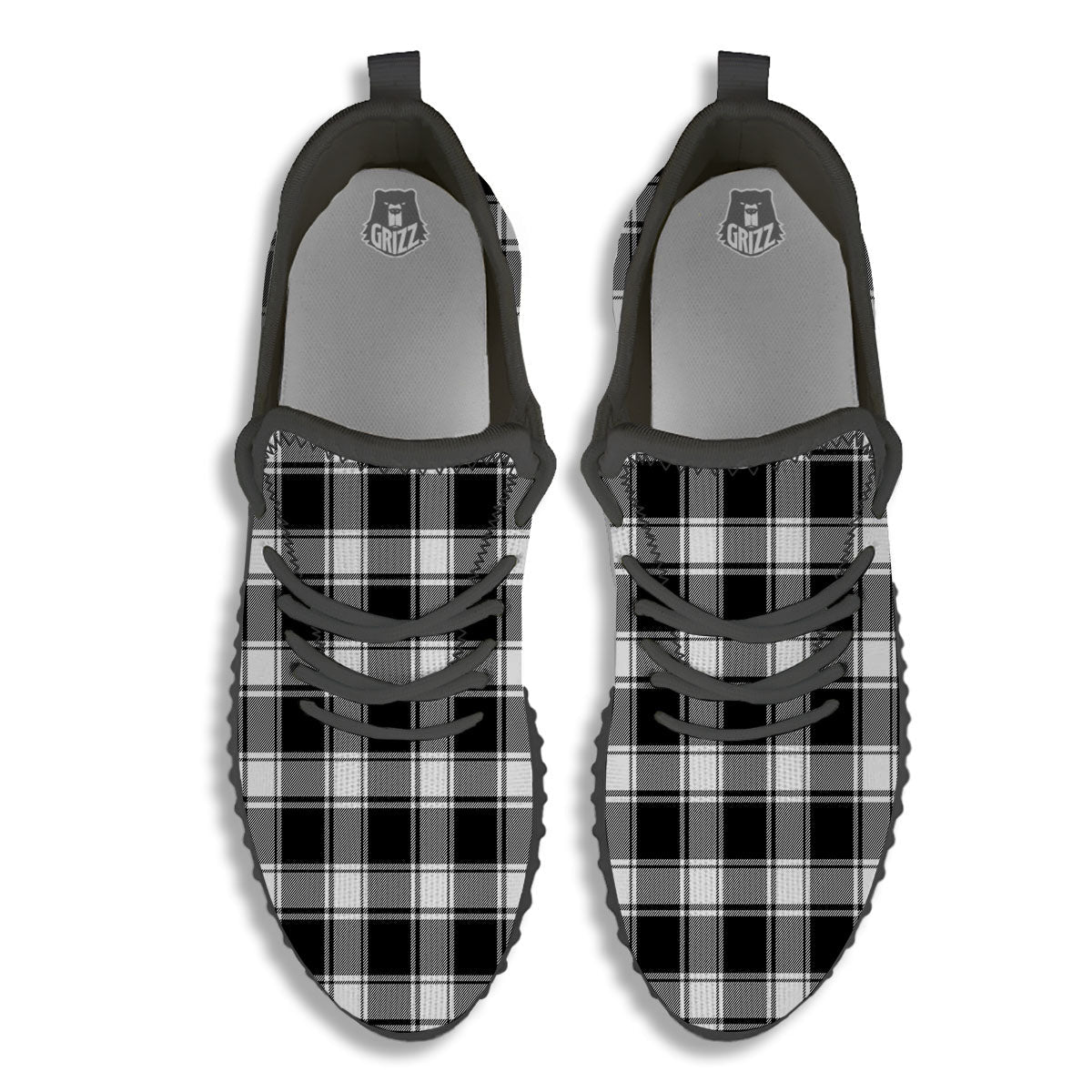 Check White And Black Print Pattern Black Walking Shoes-grizzshop