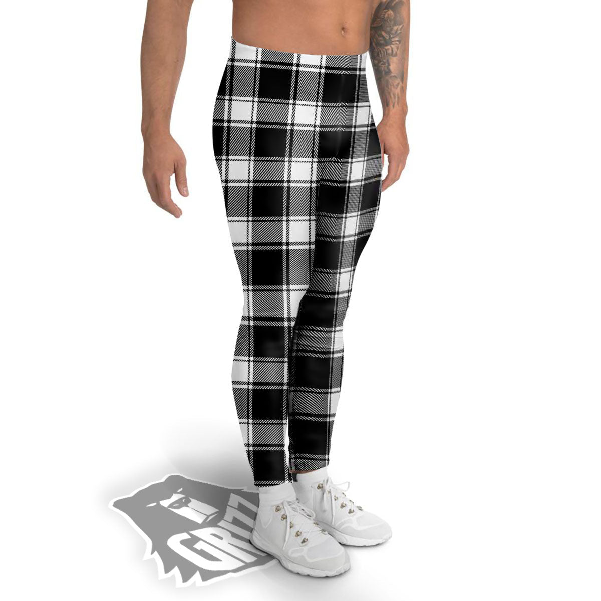 Check White And Black Print Pattern Men's Leggings-grizzshop