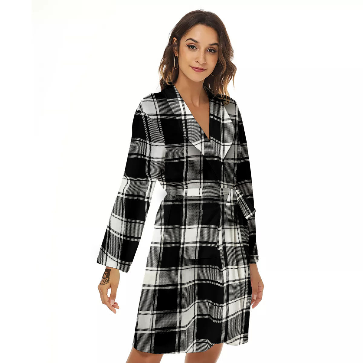 Check White And Black Print Pattern Women's Robe-grizzshop