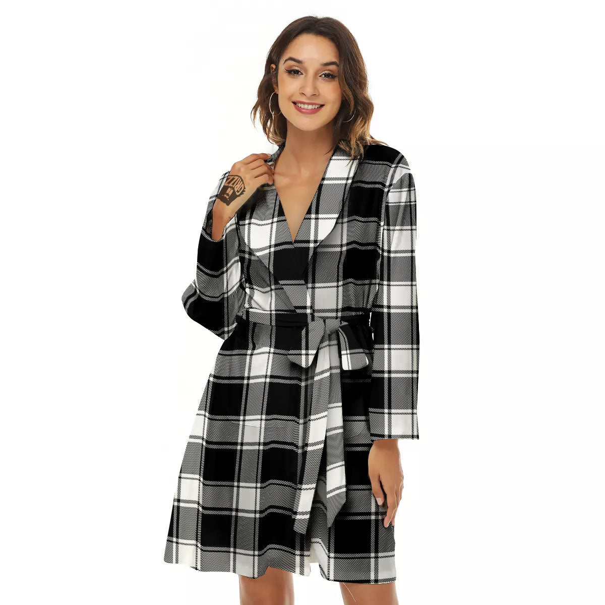 Check White And Black Print Pattern Women's Robe-grizzshop