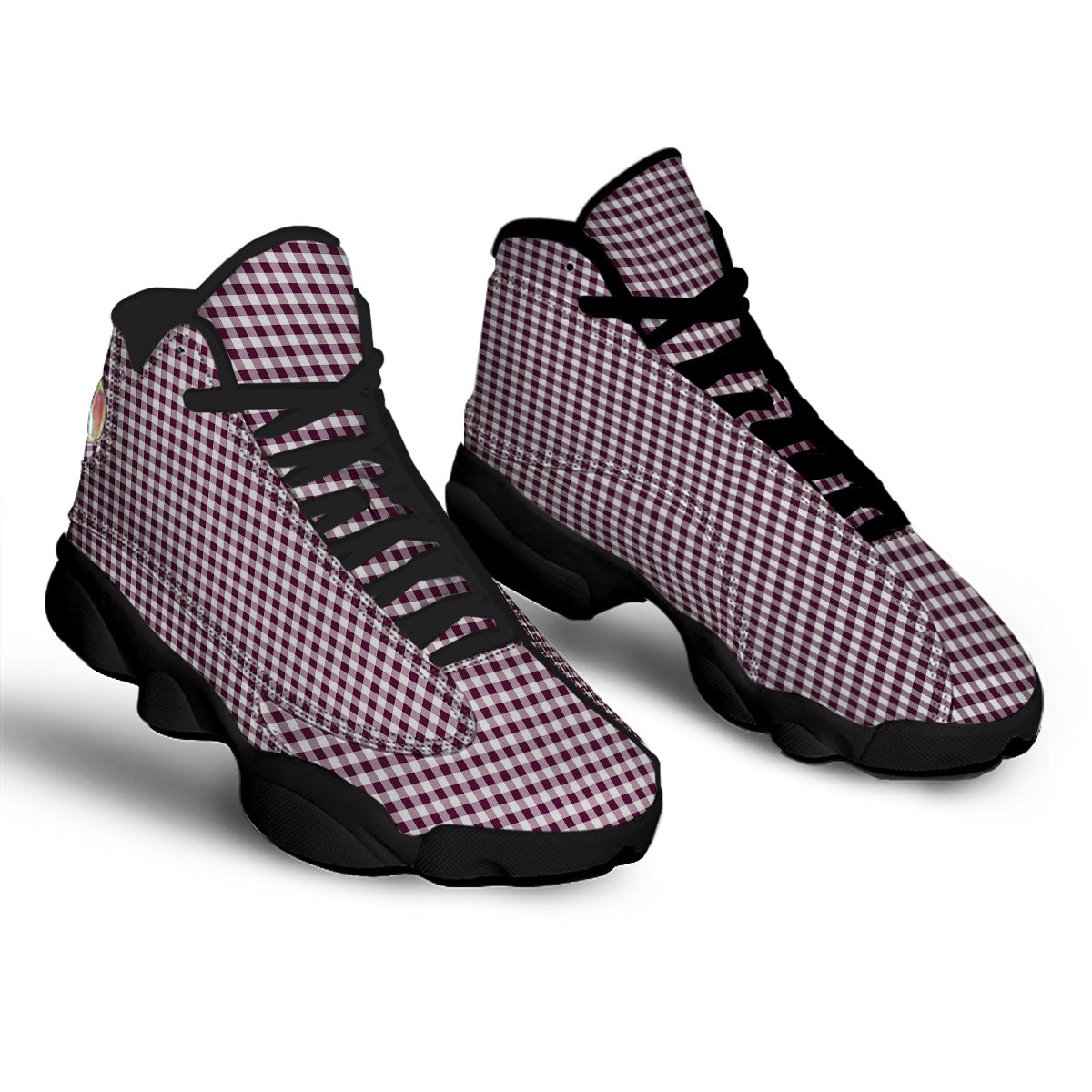 Check White And Burgundy Print Pattern Black Basketball Shoes-grizzshop