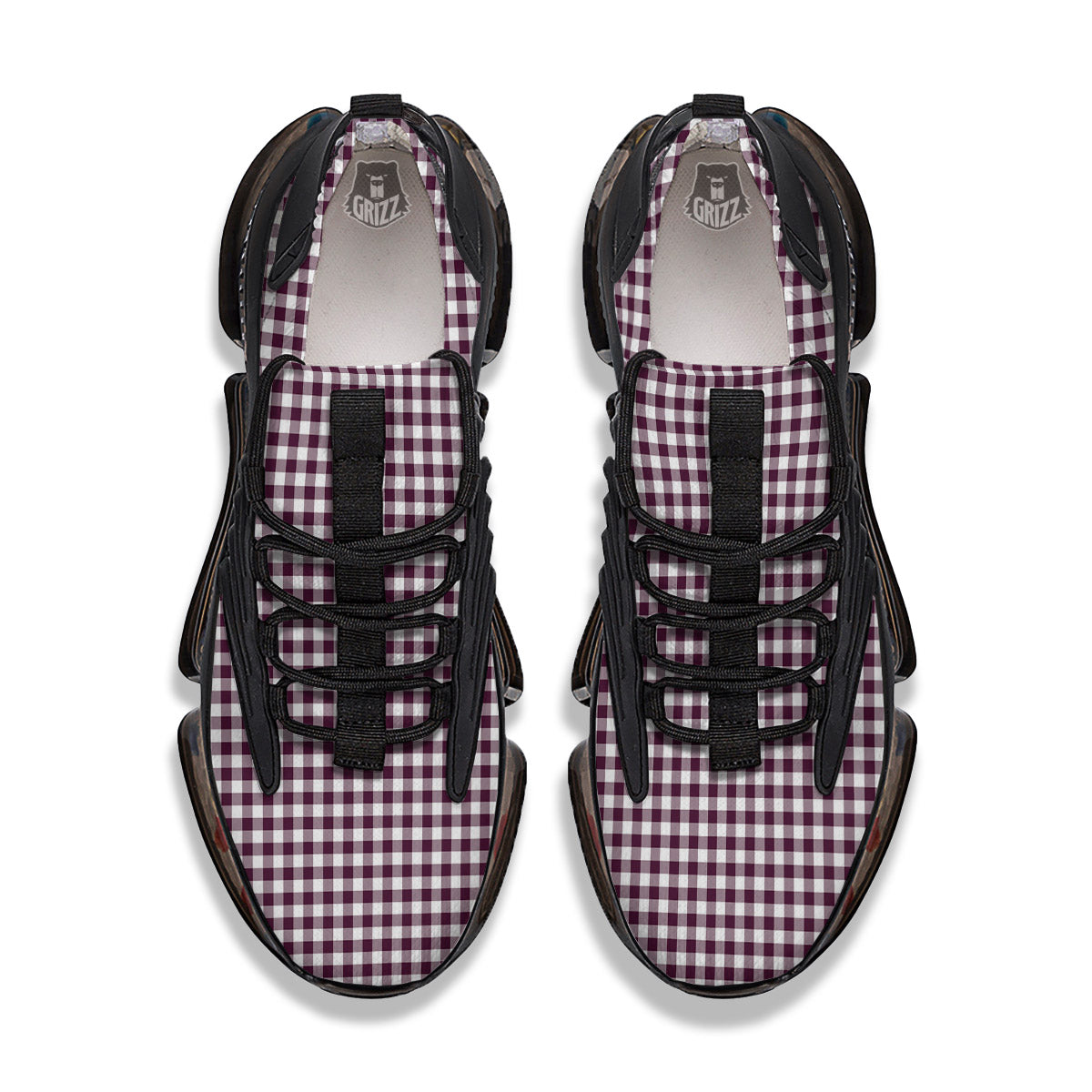 Check White And Burgundy Print Pattern Black Gym Shoes-grizzshop