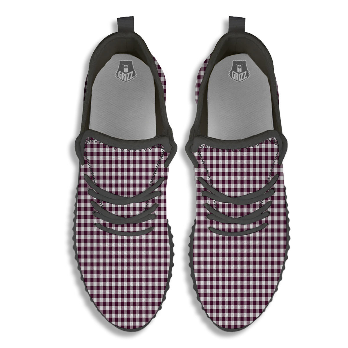 Check White And Burgundy Print Pattern Black Walking Shoes-grizzshop