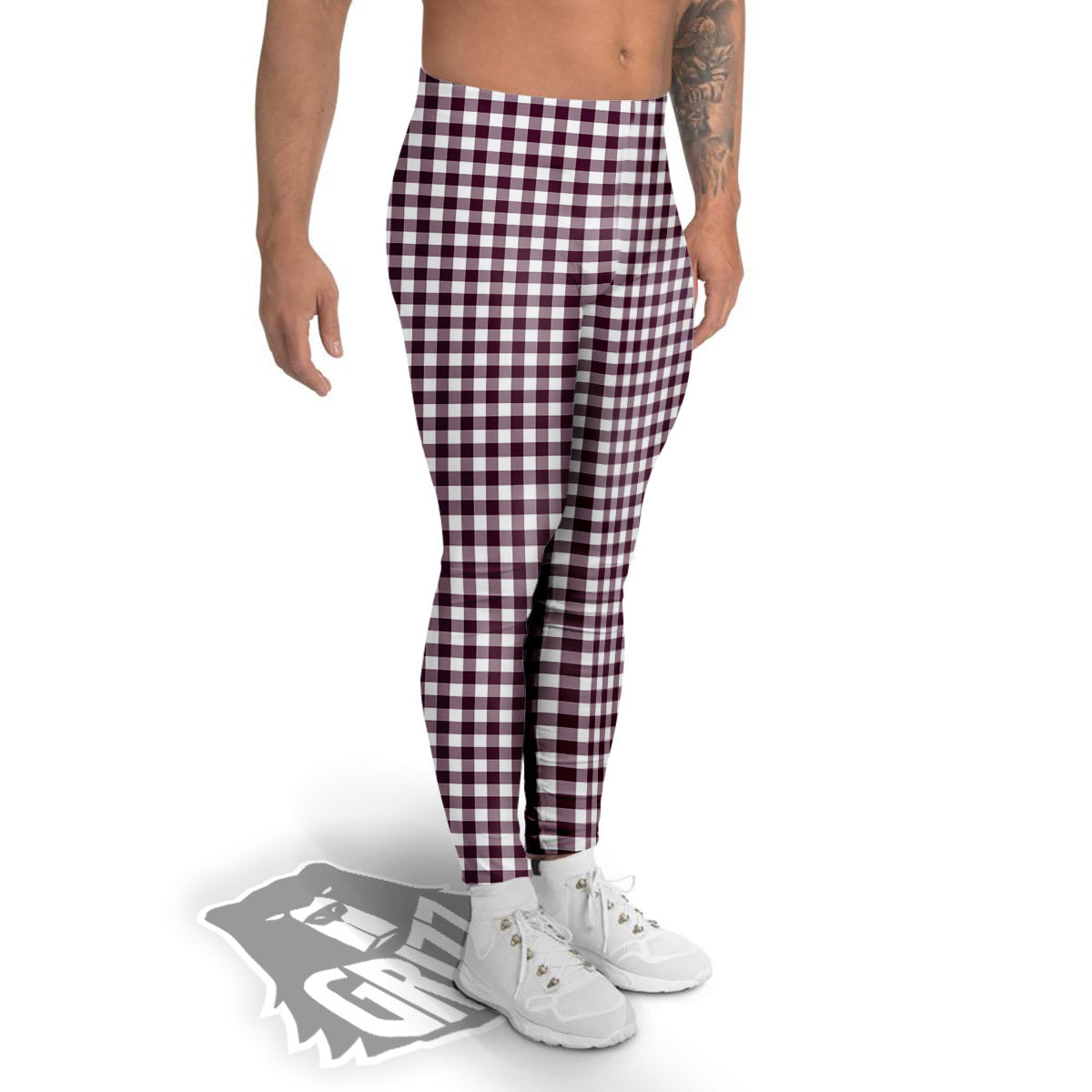 Check White And Burgundy Print Pattern Men's Leggings-grizzshop