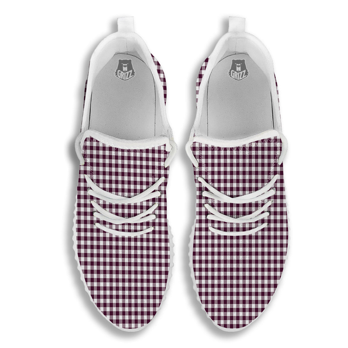 Check White And Burgundy Print Pattern White Walking Shoes-grizzshop
