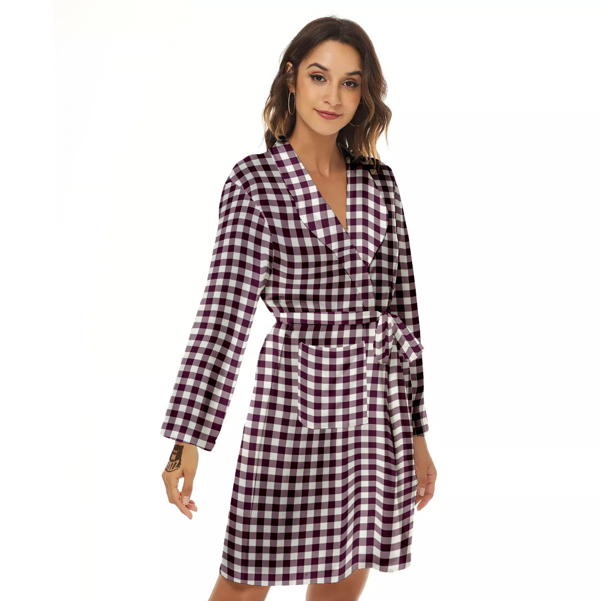 Check White And Burgundy Print Pattern Women's Robe-grizzshop