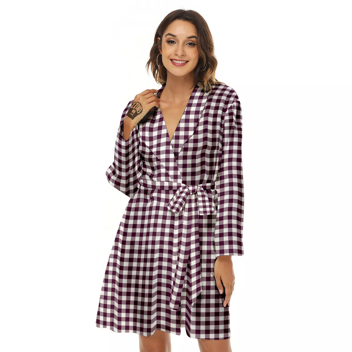 Check White And Burgundy Print Pattern Women's Robe-grizzshop