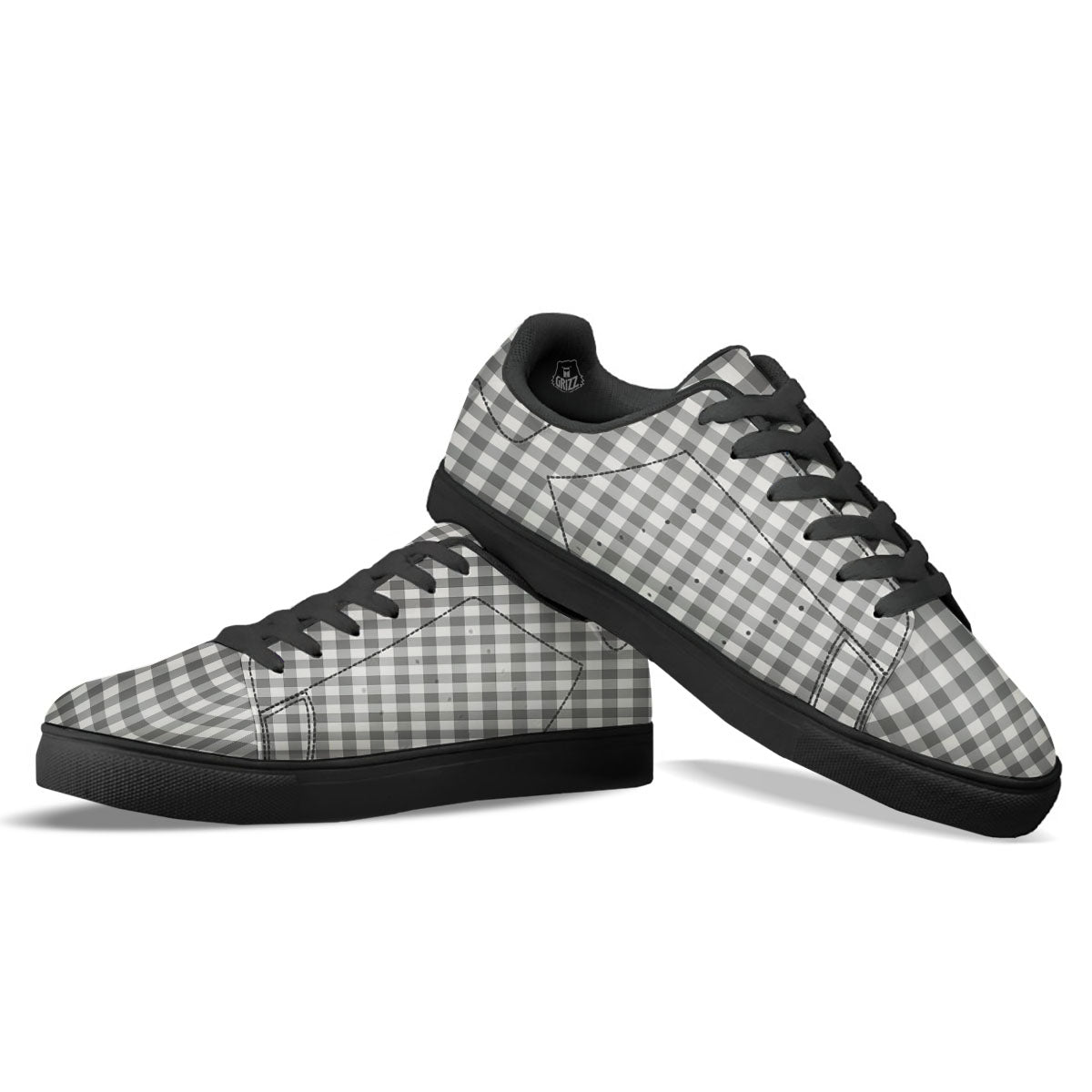 Check White And Grey Print Pattern Black Low Top Sneakers-grizzshop