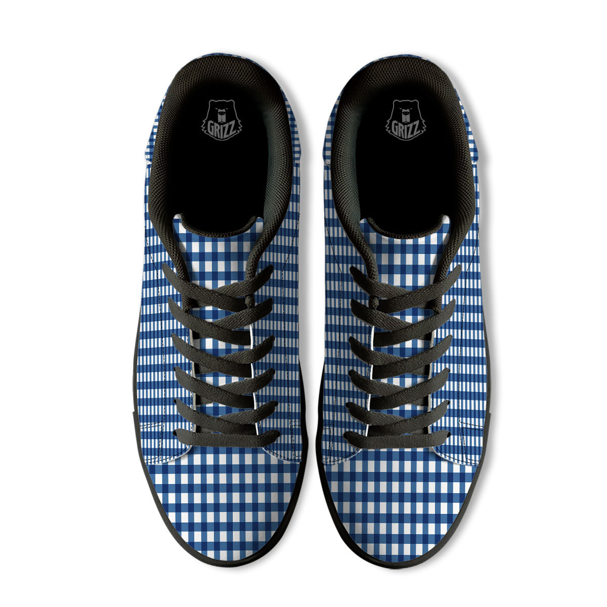 Check White And Navy Print Pattern Black Low Top Sneakers-grizzshop