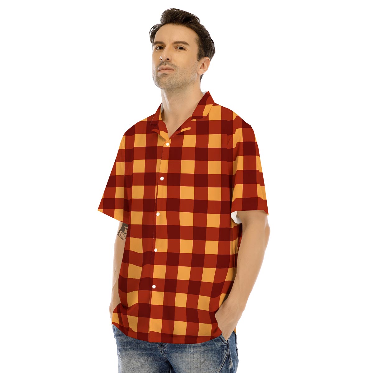 Check Yellow And Red Print Pattern Men's Hawaiian Shirt-grizzshop