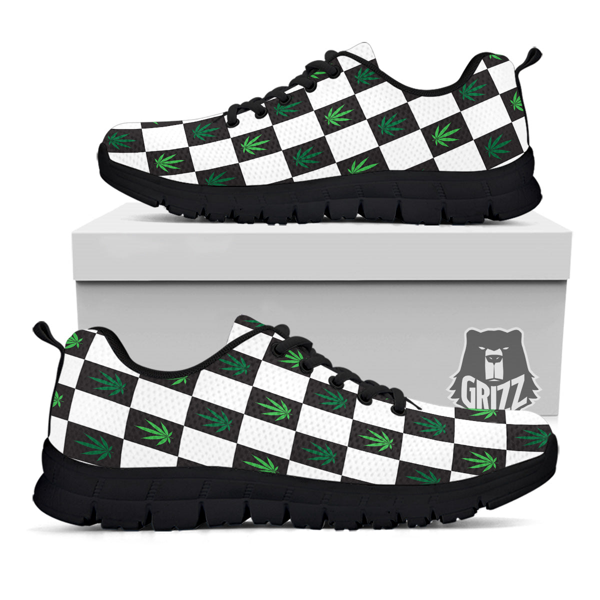 Checked Green Weed Print Pattern Black Sneaker-grizzshop