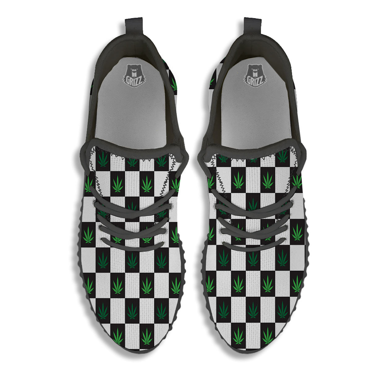 Checked Green Weed Print Pattern Black Walking Shoes-grizzshop