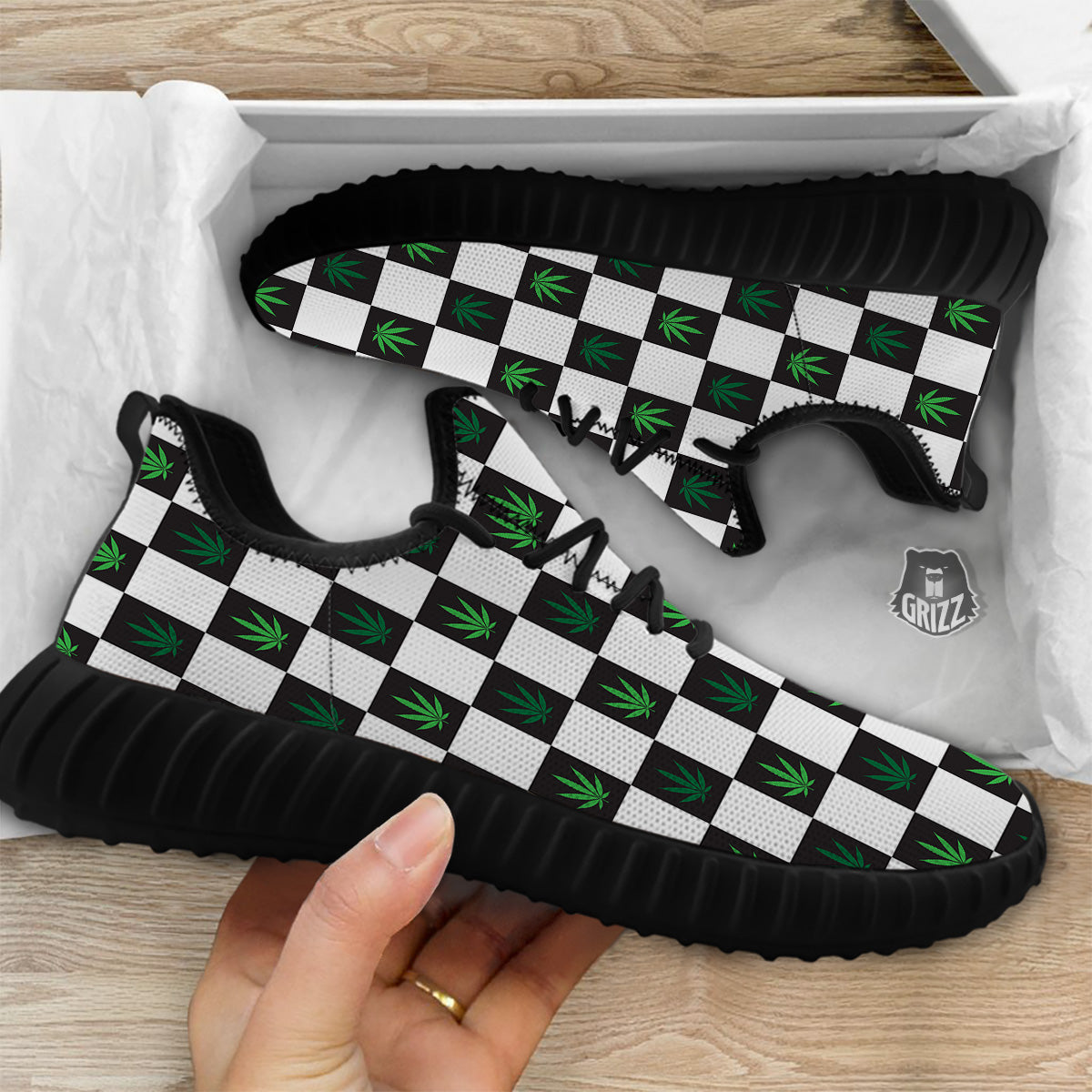 Checked Green Weed Print Pattern Black Walking Shoes-grizzshop
