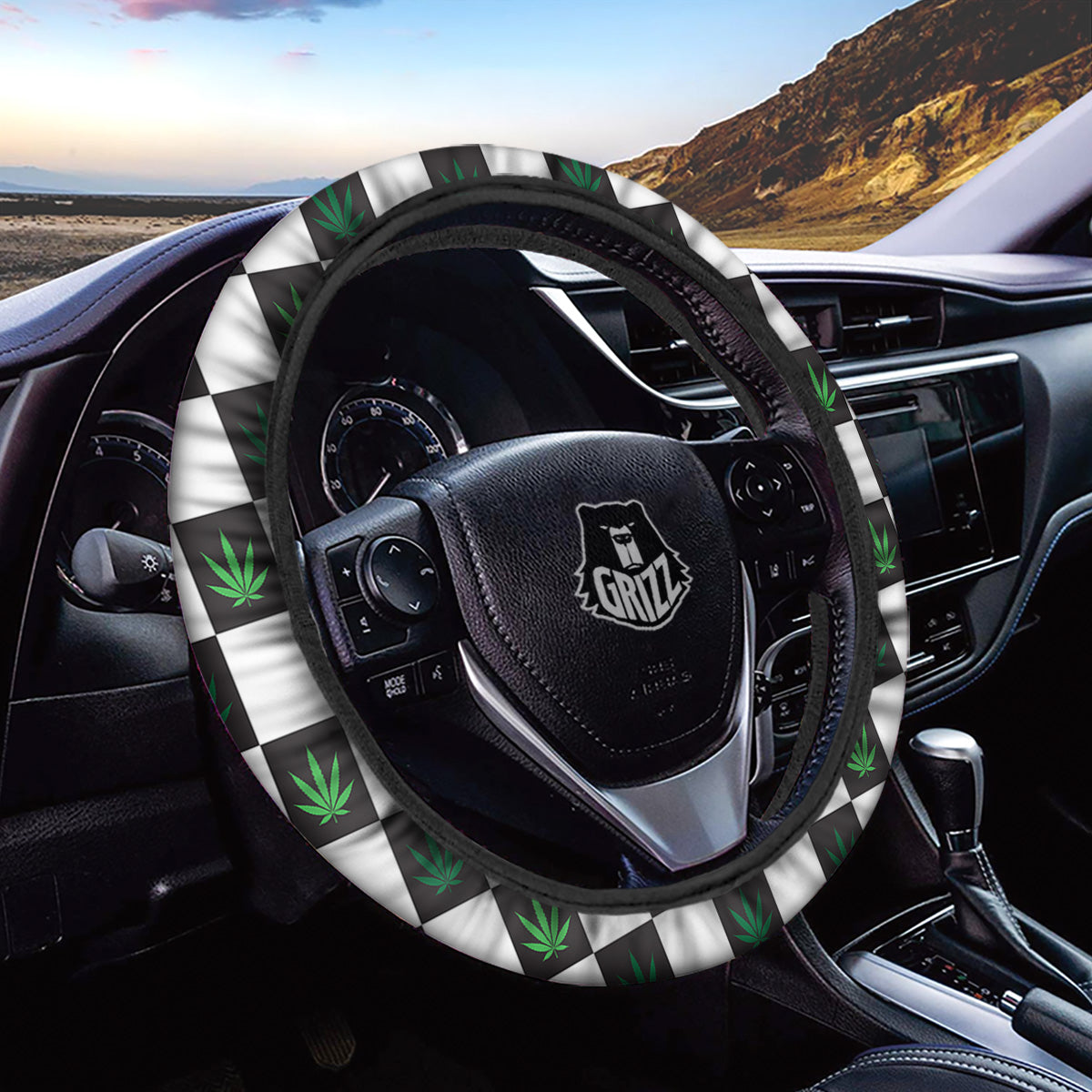 Checked Green Weed Print Pattern Car Steering Wheel Cover-grizzshop