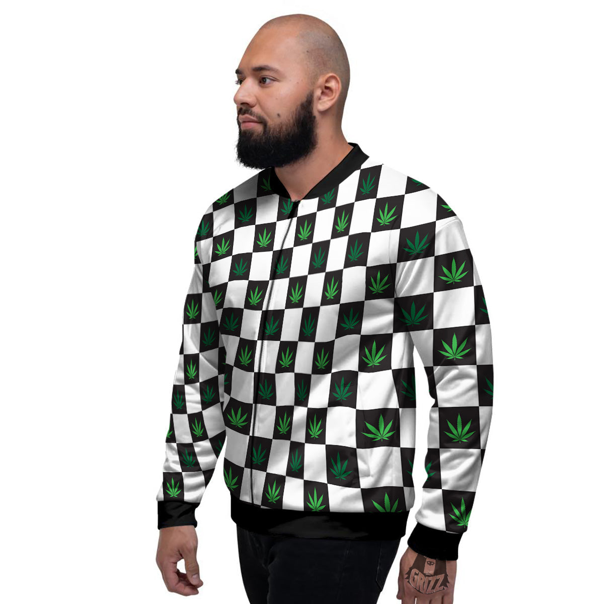 Checked Green Weed Print Pattern Men's Bomber Jacket-grizzshop