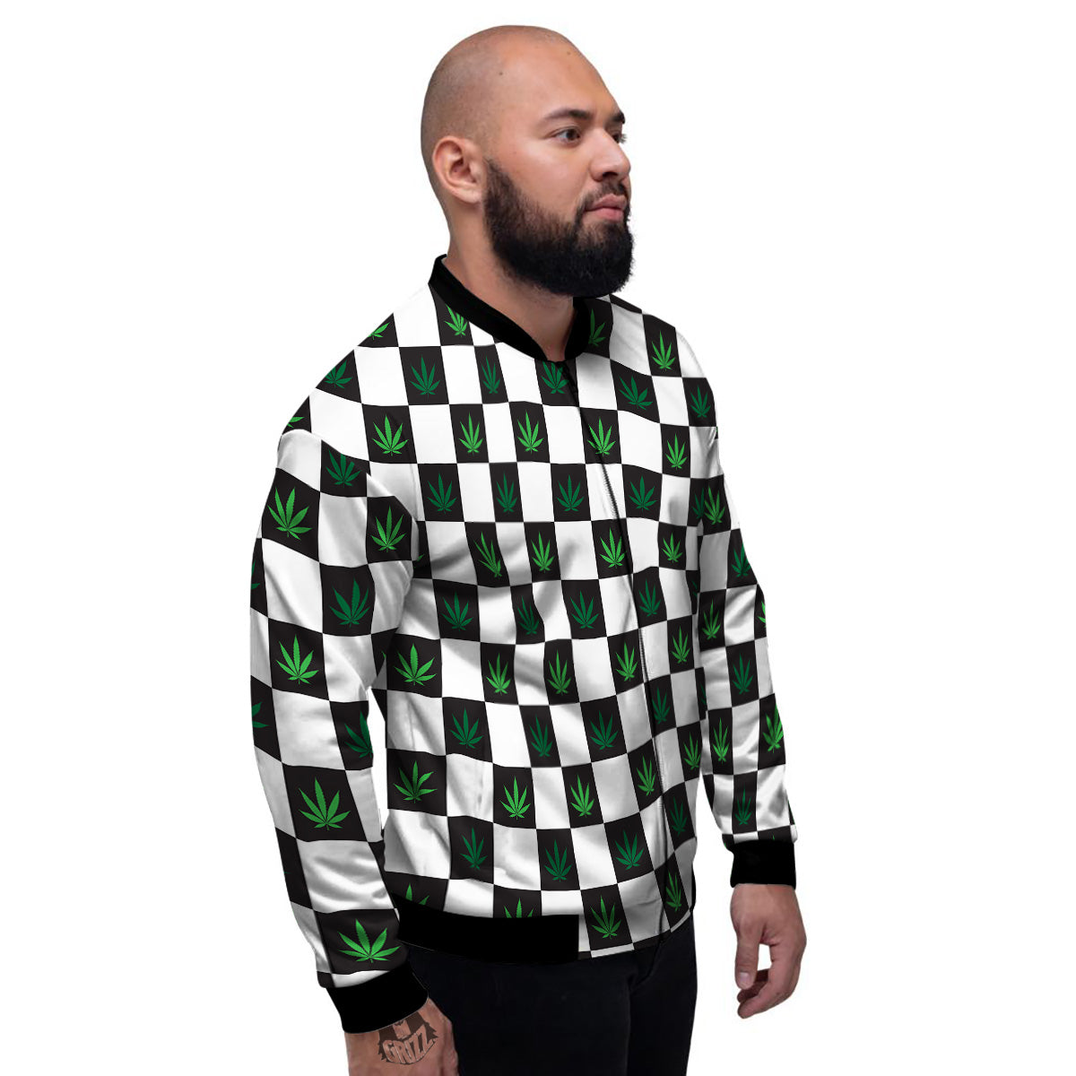 Checked Green Weed Print Pattern Men's Bomber Jacket-grizzshop