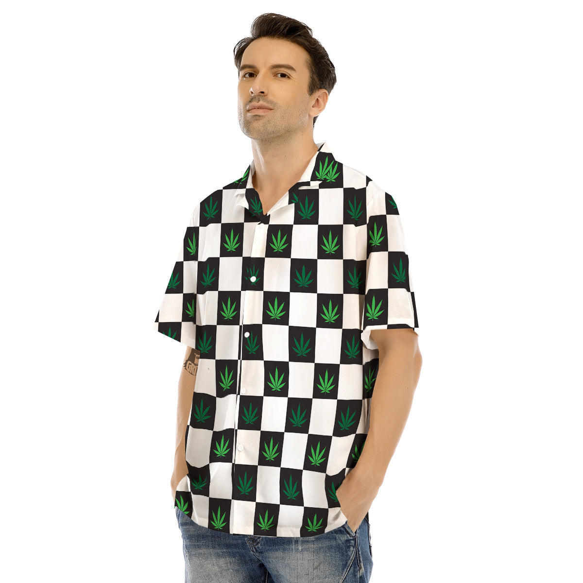 Checked Green Weed Print Pattern Men's Hawaiian Shirt-grizzshop