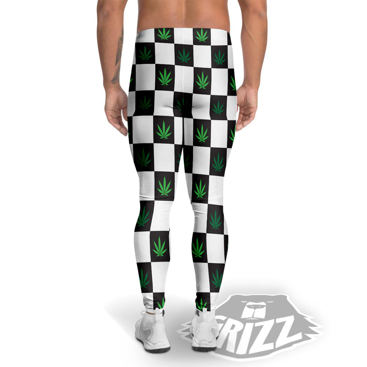 Checked Green Weed Print Pattern Men's Leggings-grizzshop