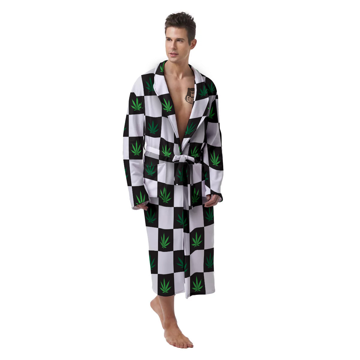 Checked Green Weed Print Pattern Men's Robe-grizzshop