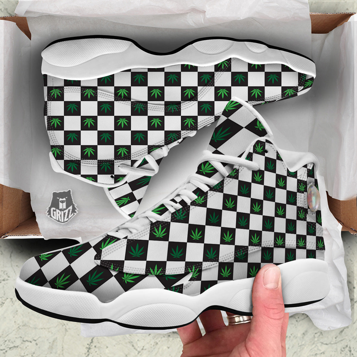 Checked Green Weed Print Pattern White Basketball Shoes-grizzshop