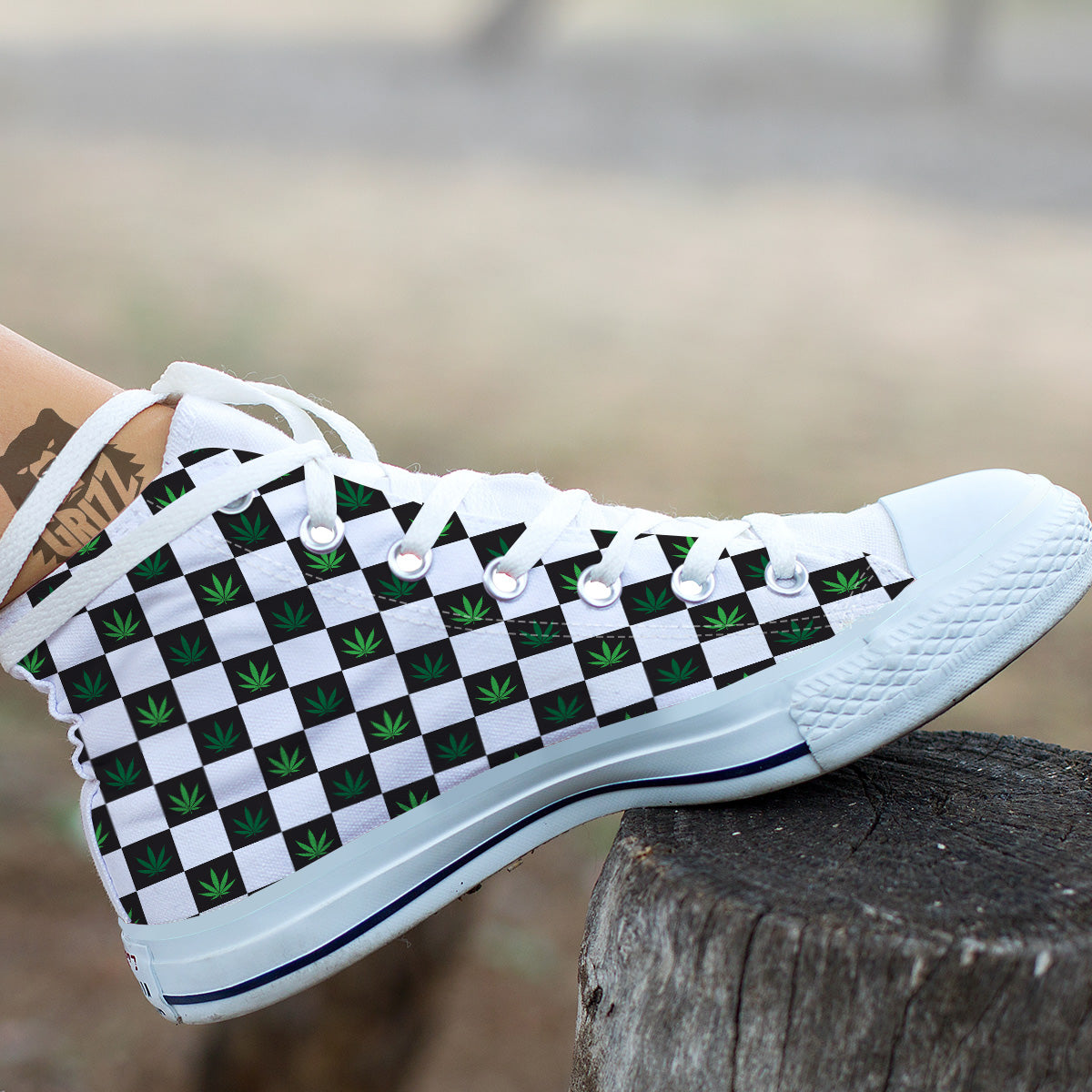 Checked Green Weed Print Pattern White High Top Shoes-grizzshop