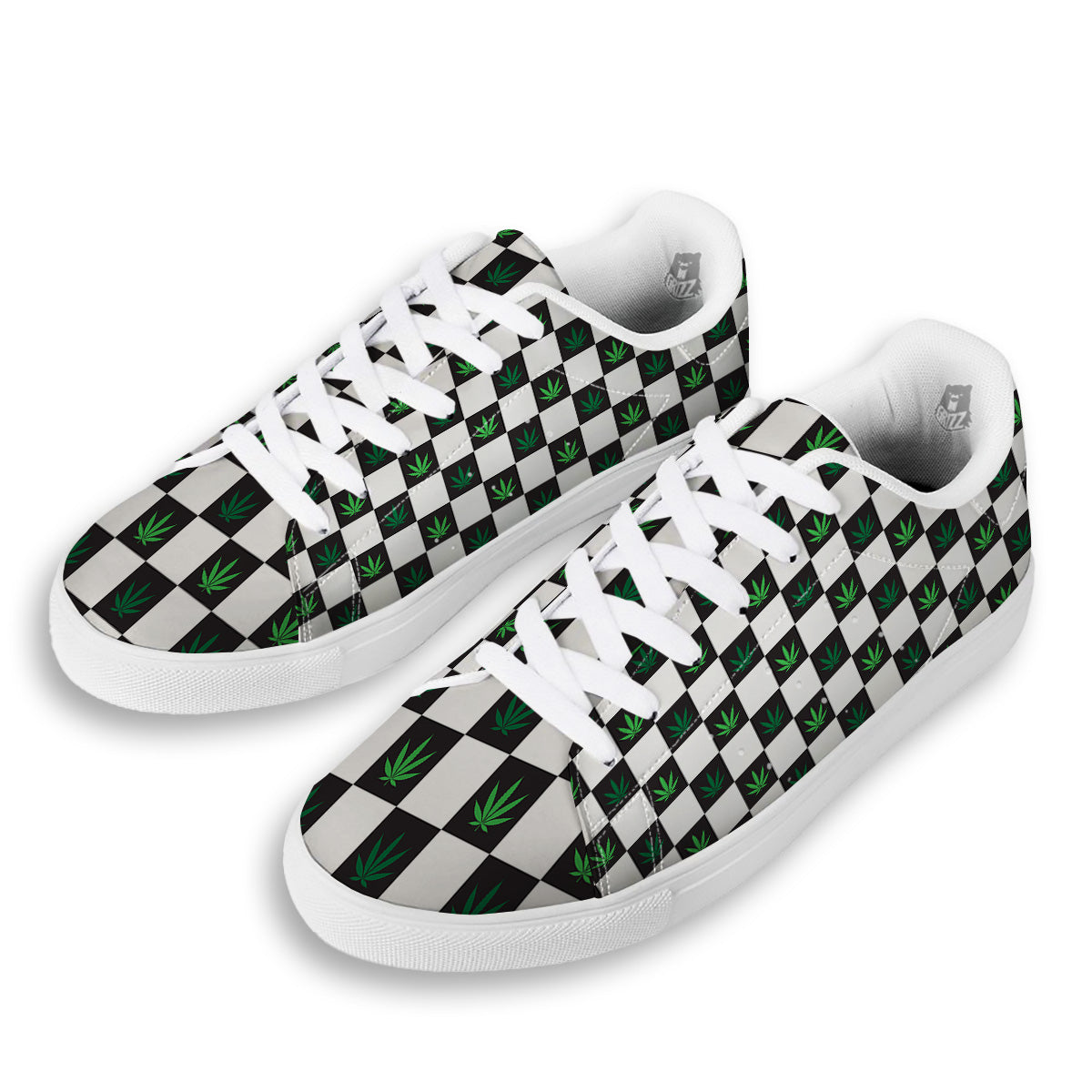 Checked Green Weed Print Pattern White Low Top Sneakers-grizzshop