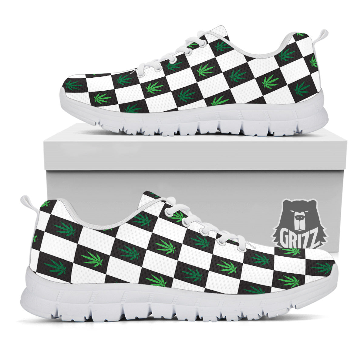 Checked Green Weed Print Pattern White Sneaker-grizzshop