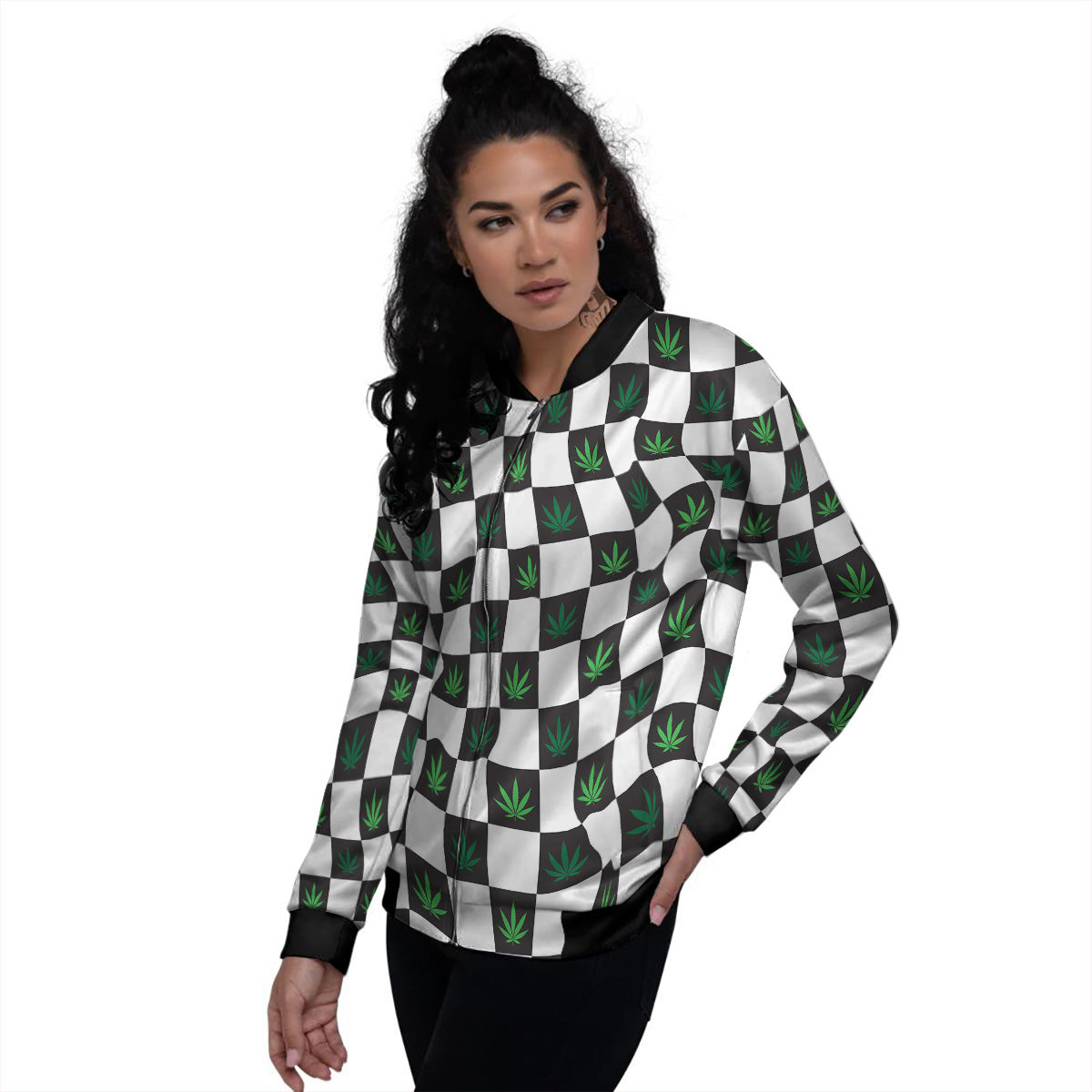 Checked Green Weed Print Pattern Women's Bomber Jacket-grizzshop