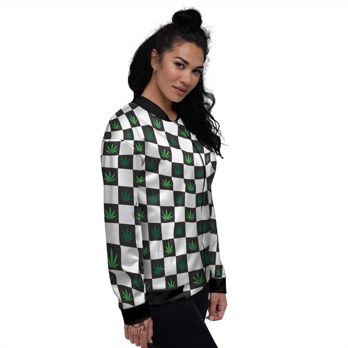 Checked Green Weed Print Pattern Women's Bomber Jacket-grizzshop
