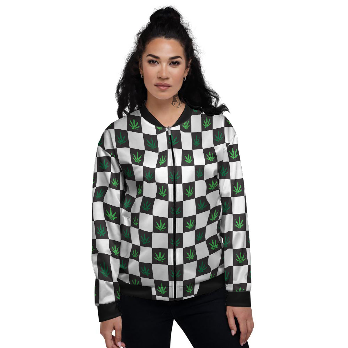 Checked Green Weed Print Pattern Women's Bomber Jacket-grizzshop